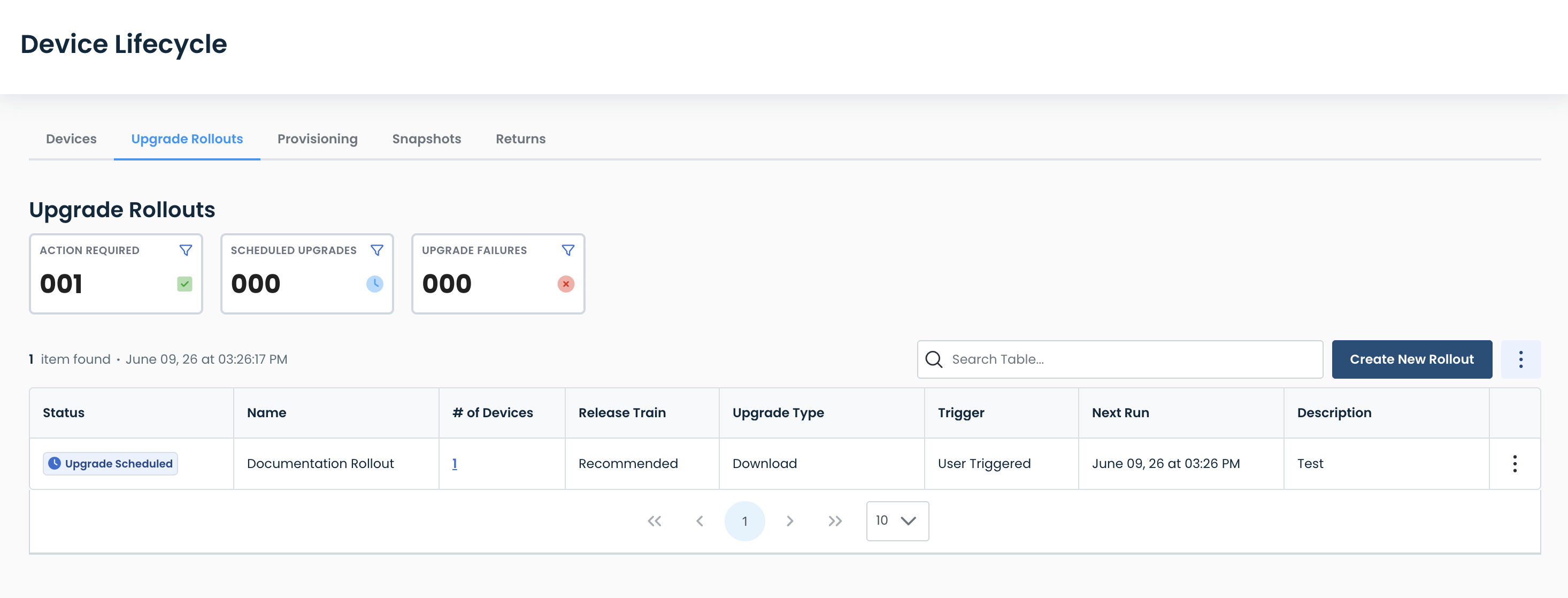 Overview of device upgrade rollouts with action required and scheduled upgrades displayed.